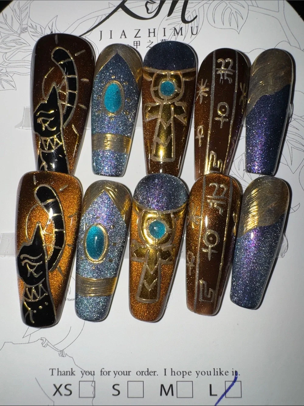 Egyptian Inspired Gold & Steel Blue Glitter Press-On Nail Set